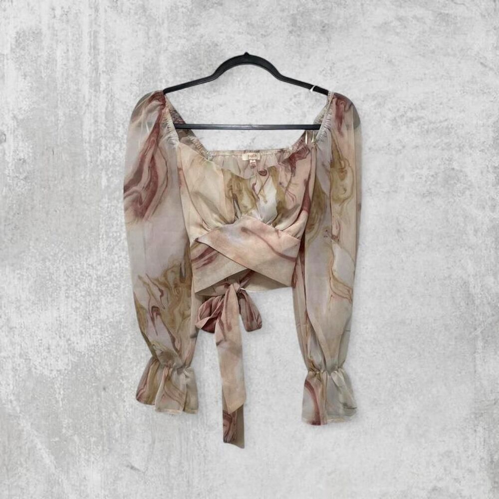 Peach Abstract Marble Swirl Mesh Crop Top | Tie Front | Size S